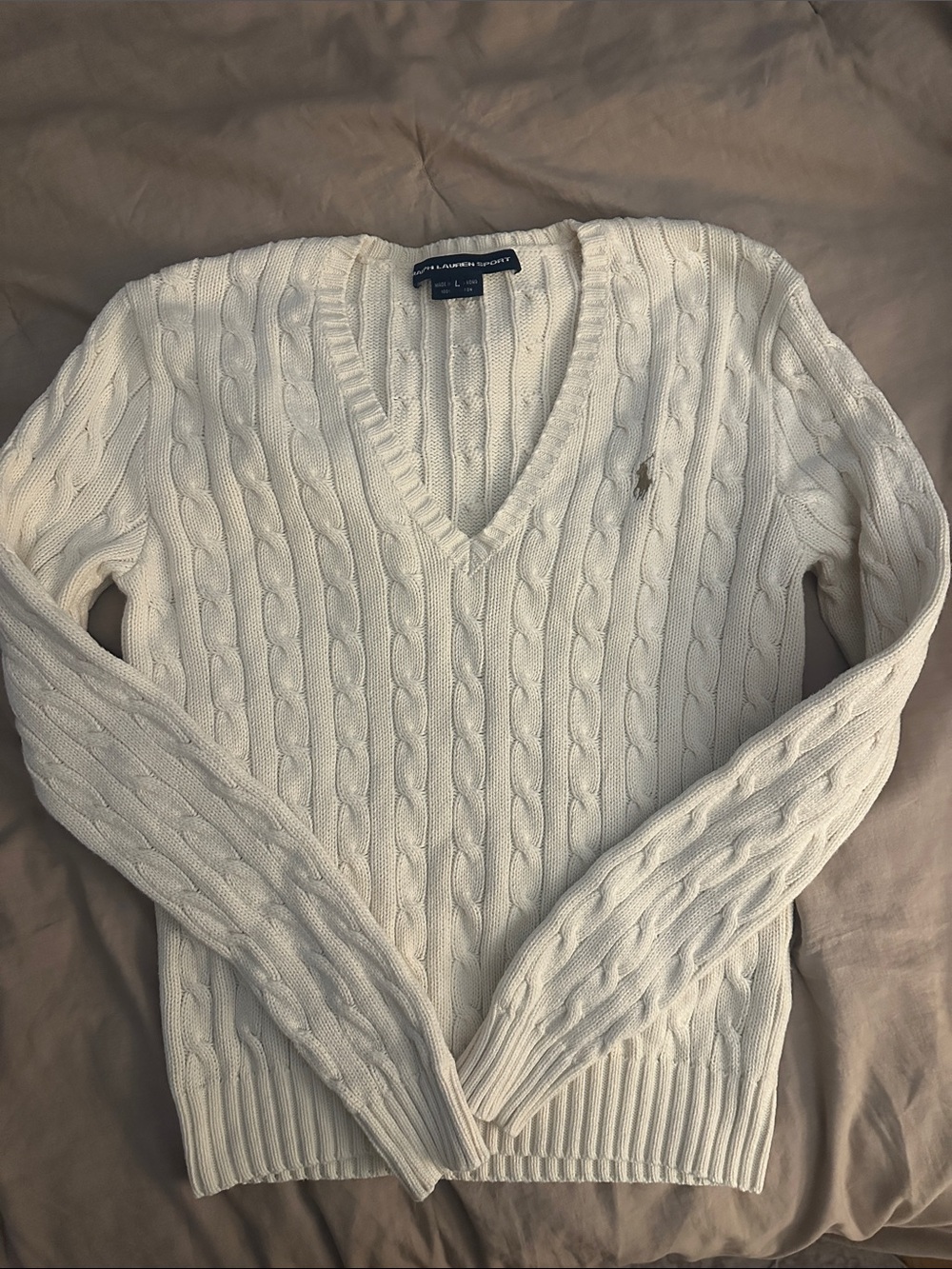 Ralph Lauren Cream Cable-Knit V-Neck Sweater